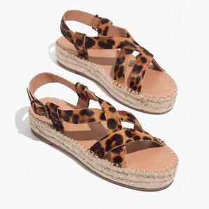New! Madewell The Malia Leather Leopard Calf Hair Platform Espadrille Sandals